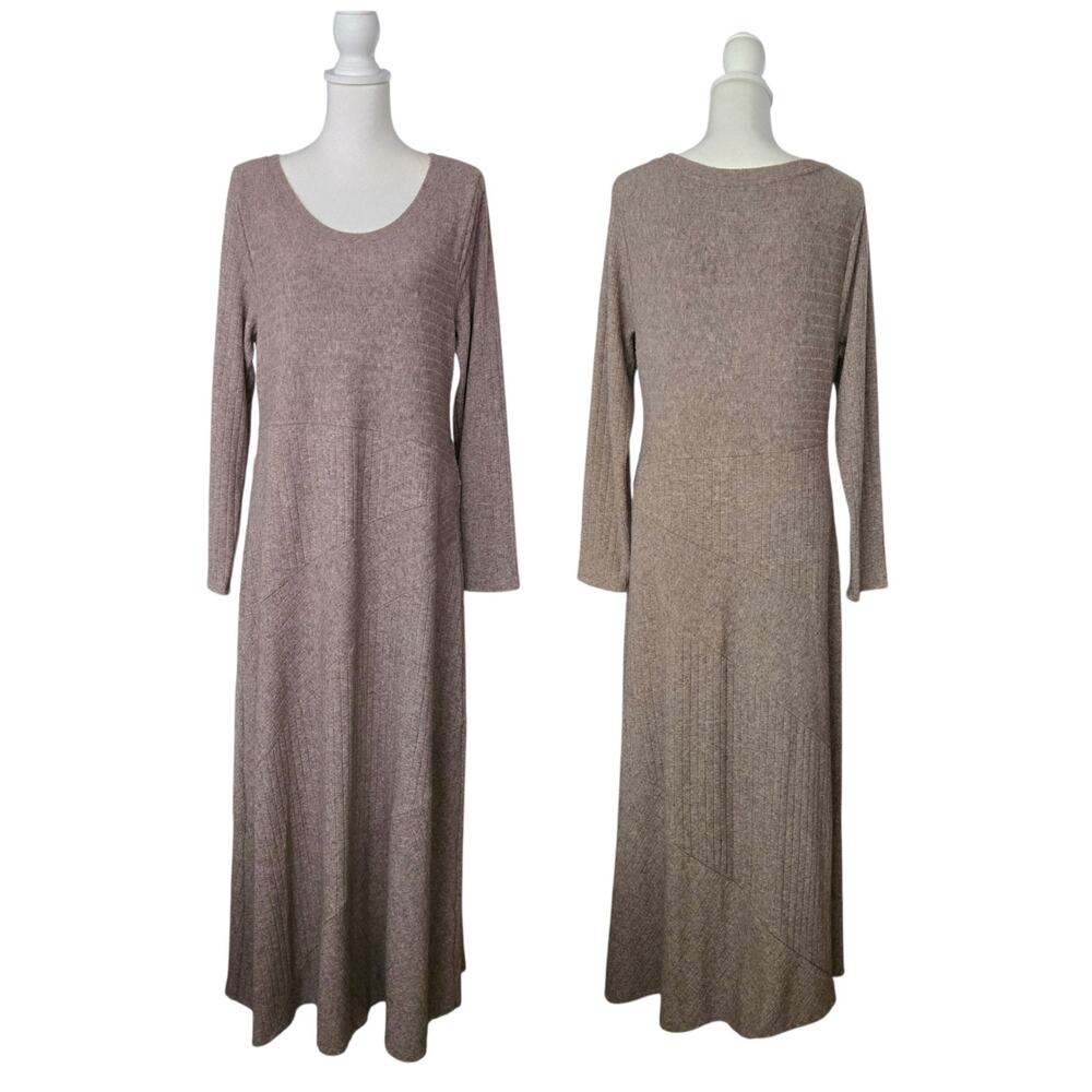 Soft Surroundings Cleo Stretch Ribbed Knit Long Sleeve Maxi Dress L Taupe Comfy